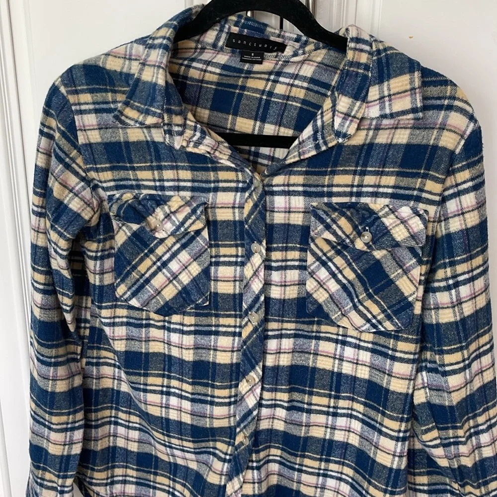 Sanctuary Flannel button down Shirt  Women small Blue Plaid Cotton